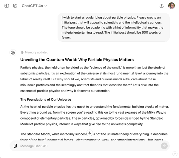 ChatGPT is asked to create a blog post about particle physics